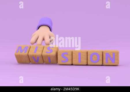 3d. Hand turns dice and changes the word "mission" to "vision". Stock Photo
