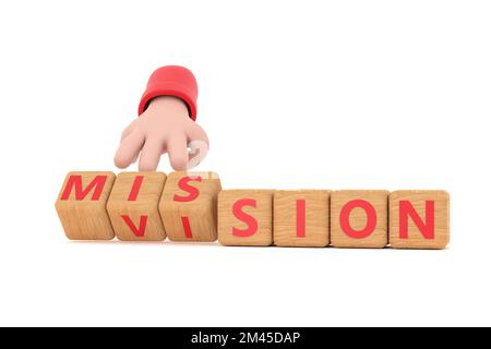 3d. Hand turns dice and changes the word "mission" to "vision". Stock Photo