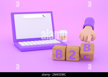 3d. Hand turns a dice and changes the expression "B2B" to "B2C" Stock Photo