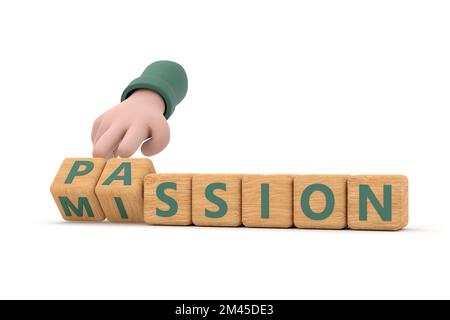 3d. Hand turns dice and changes the word "passion" to "mission". Stock Photo