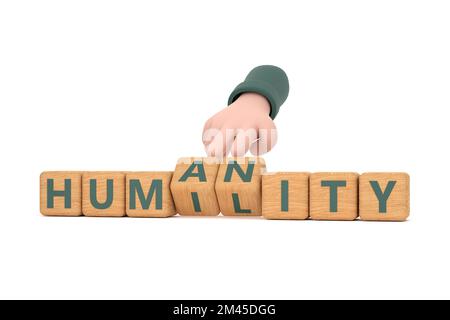 3d. Hand turns dice and changes the word " humanity" to "humility". Stock Photo