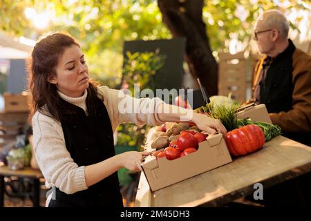 Female farmers market vendor arranging fresh organic produce stall in morning, putting cardboard boxes with locally-grown fruits and vegetables on table. Small farming business concept Stock Photo