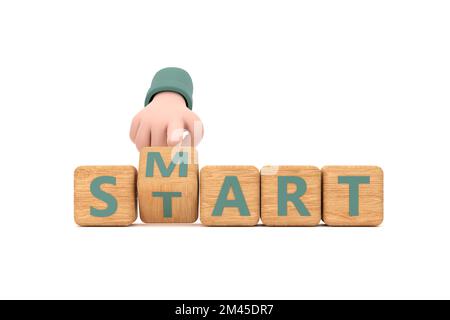 3d. Hand turns dice and changes the word "smart" to "start". Stock Photo