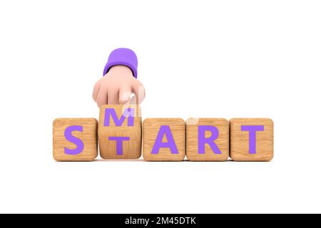 3d. Hand turns dice and changes the word "smart" to "start". Stock Photo