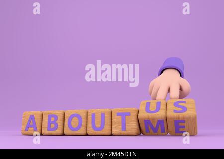 3d. Hand turns dice and changes the word "about me" to "about us". Stock Photo