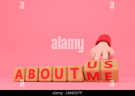 3d. Hand turns dice and changes the word "about me" to "about us". Stock Photo
