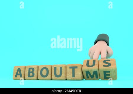 3d. Hand turns dice and changes the word "about me" to "about us". Stock Photo