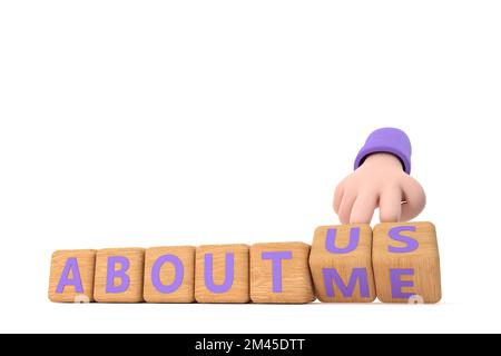 3d. Hand turns dice and changes the word "about me" to "about us". Stock Photo