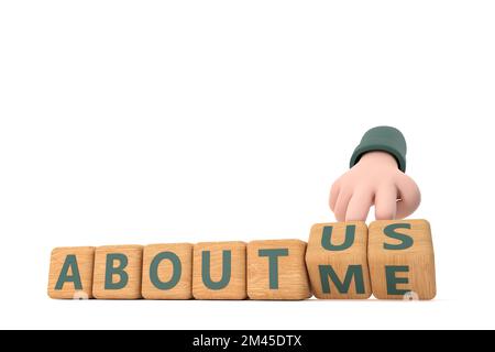 3d. Hand turns dice and changes the word "about me" to "about us". Stock Photo