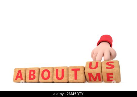 3d. Hand turns dice and changes the word "about me" to "about us". Stock Photo