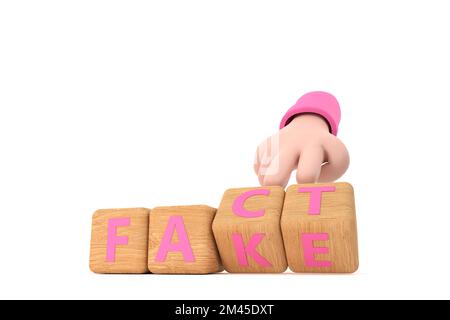 3d. Hand turns dice and changes the word "fake" to "fact". Stock Photo