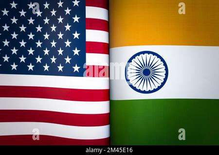 Background of the flags of the north india and USA. The concept of interaction or counteraction between the two countries. International relations. po Stock Photo