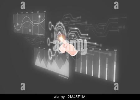 3D. Businessman analyst data on virtual screen on laptop to metrics connected to database. Stock Photo