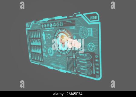3D. businessman finger touching a beam of light surrounded by charts and graphs virtual screen generation networks. Stock Photo