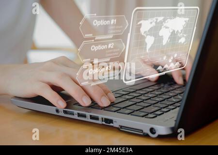 Businesswoman use laptop for management data option to succeed on virtual screen. Stock Photo