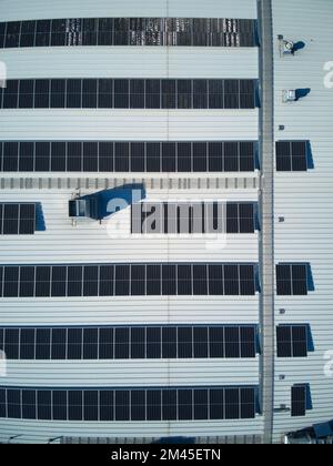 Solar panels on building aerial view showing multiple photovoltaic panels. Bendigo Victoria Australia. Stock Photo