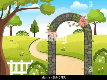 Portal with Summer Landscape Stone Arch Entrance to Public Park, Green Grass or Garden in Flat Cartoon Hand Drawn Template Illustration Stock Vector