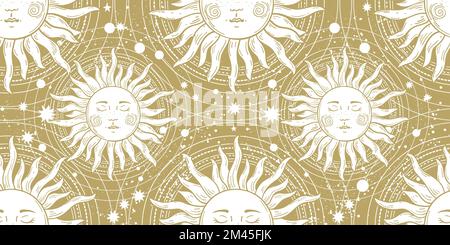 White sun with a face on a golden background, a seamless magical pattern for astrology, tarot, fortune telling. Beautiful vector ornament for packagin Stock Vector