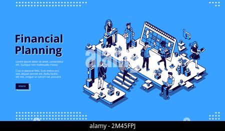 Financial planning banner. Business finance analysis, report and forecasting. Vector landing page of economic strategy, budget plan with isometric illustration of office with working people Stock Vector