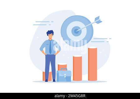 big businessman grows up in career, moving to the goal on the arrow, increases motivation, flat vector modern illustration Stock Vector