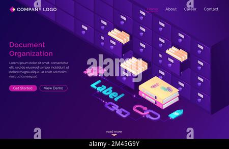 Work with documents organization isometric landing page, office cabinet with drawers, files, hashtags, folders, label, bidirectional links. Business administration, data storage, 3d vector web banner Stock Vector