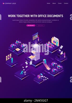 Work with documents isometric landing page, office people working with archive and database around of huge electronic drawer with files. Business administration, data storage, 3d vector web banner Stock Vector