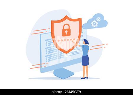 the concept of protecting computer data for a web page, coding, programming, application development, expose, flat vector modern illustration Stock Vector