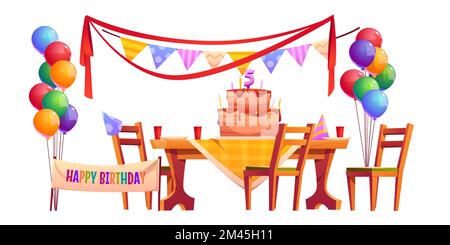 Birthday outside party set isolated on white background. Vector cartoon furniture and decoration, holiday banner, flags garland, cupcake with candles and bunch of balloons. Celebration anniversary Stock Vector