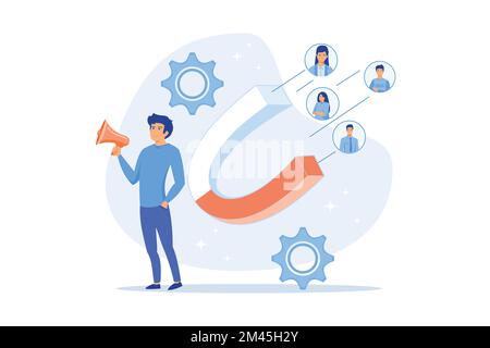 Generate sales leads, digital marketing strategy, build brand awareness, find new customer, content creation, sales funnel abstract metaphor, flat vec Stock Vector