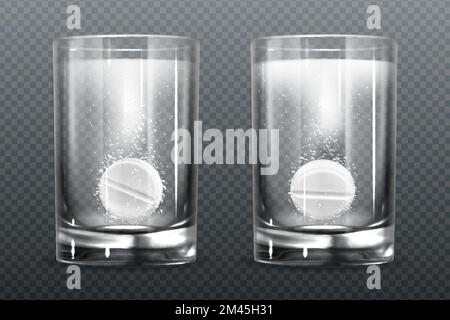 Effervescent pills with fizz bubbles in water glass. Aspirin tablets, soluble vitamin or headache pharmaceutical remedy capsules, isolated on transparent background. Realistic 3d vector illustration Stock Vector