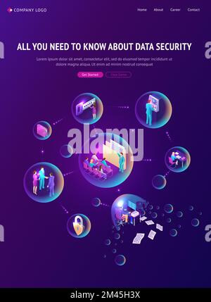 Cyber data security isometric landing page. Computing internet digital technology, information database protection. People conduct cash transactions inside of transparent bubbles, 3d vector web banner Stock Vector