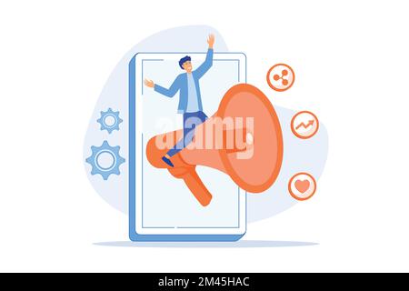 flat style, business promotion, advertising, call through the horn, online alerting, flat vector modern illustration Stock Vector