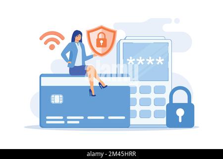 Access control card with key and lock and woman with protection shield. Electronic opening system, security system, automatic access card concept, vio Stock Vector