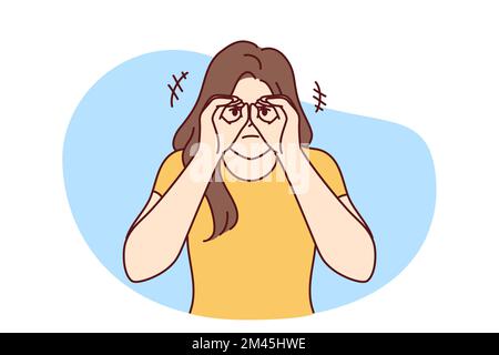 Curious woman looking at screen using hands instead of binoculars wants to know someone else secret. Focused lady raises palms to eyes to get closer look at distant object.. Flat vector image  Stock Vector