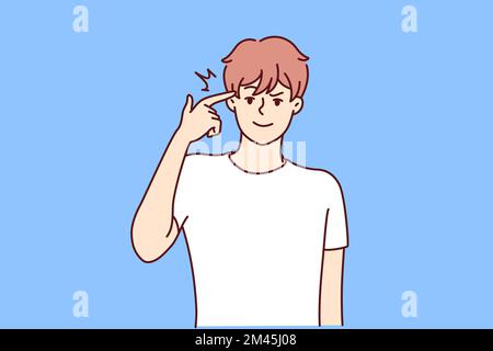 Man touches temple with finger wanting to show presence of idea or important thoughts. Young guy in t-shirt with smile makes gesture of gun by bringing hand to head. Flat vector image Stock Vector