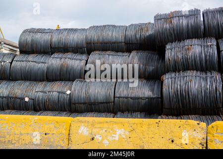 Odessa, Ukraine SIRCA 2018: Sea transportation of cargo. Bays of steel wire at sea berth prepared for loading on cargo ship. Thin metal reinforcement Stock Photo