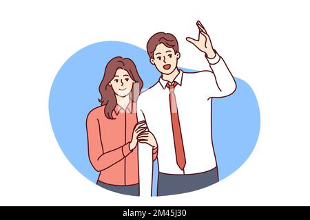 Man raising hand wanting to be noticed and modest smiling woman standing behind. Young family couple of guy in business clothes and girl dressed in casual style. Flat vector illustration Stock Vector