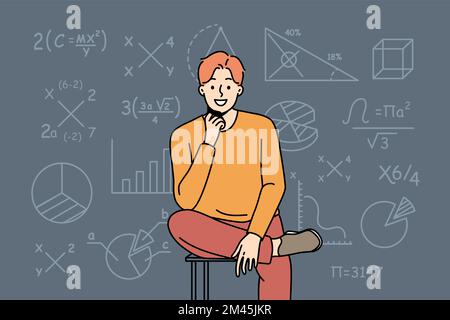 Smiling smart young man sit on chair on mathematics formula background. Successful clever male teacher or tutor near board in class. Vector illustration.  Stock Vector