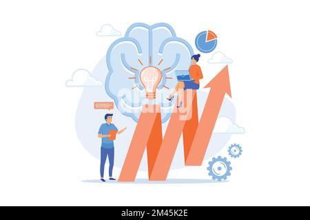 Brain, lightbulb and business team solving problem. Innovative solution, problem-solving and crisis management concept on white background, flat vecto Stock Vector