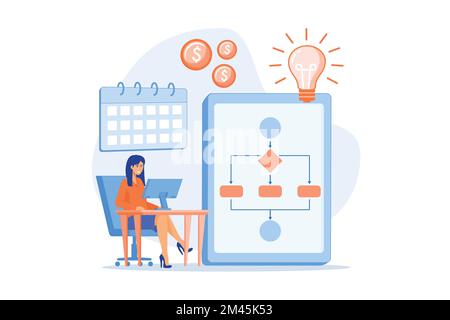 Teamwork, colleagues working on project. Startup launch. Business process management, business process visualization, IT business analysis concept, fl Stock Vector