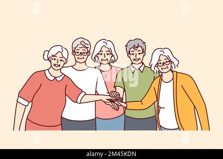 Elderly men and women with gray hair stand with hands outstretched to center demonstrating solidarity. Friendly pensioners from nursing home in casual clothes smiling. Flat vector image Stock Vector