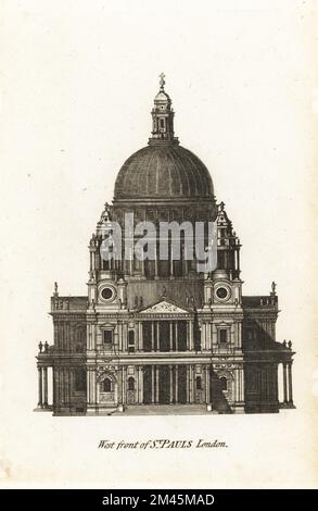 West front of St Paul's Cathedral, London. The main entrance has a columned portico, upper colonnade and pediment, with Baroque bell towers either side of the portico. Neoclassical design by architect Sir Christopher Wren, built from 1666 to 1697. Copperplate engraving from Francis Fitzgerald’s The Artist’s Repository and Drawing Magazine, Charles Taylor, London, 1785. Stock Photo
