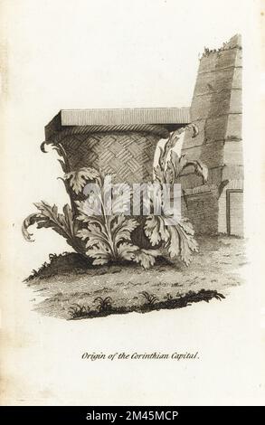 The inspiration for Callimachus' Corinthian capital. A woven basket surrounded by Acanthus leaves in front of a child's tomb. The Greek architect and sculptor Callimachus, 5th century BC, used this as inspiration to embellish the capitals of columns. Copperplate engraving from Francis Fitzgerald’s The Artist’s Repository and Drawing Magazine, Charles Taylor, London, 1785. Stock Photo