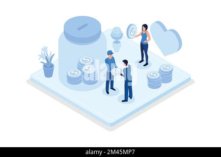 Donation, Characters putting money in jar, isometric vector modern illustration Stock Vector