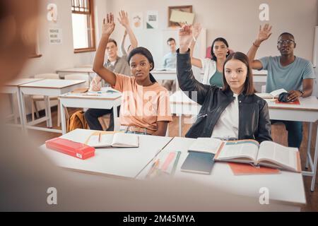 Classroom, education question or students hands for exam learning questions, university help or college people study for assessment. Hand sign, school Stock Photo