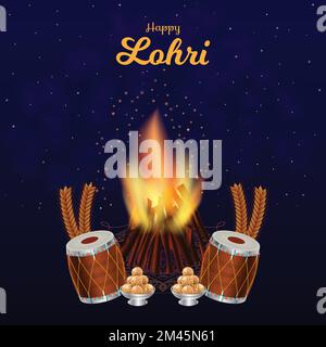 Happy Lohri poster vector illustration. Traditional Harvest Punjab Festival celebration in January. Wheat, dhol, laddu in night sky. Social media post Stock Vector