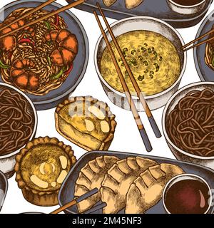 Asian food seamless pattern background design. Engraved style. Hand drawn jiaozi, egg tart, noodles with shrimp, egg soup, noodles bowl. Stock Vector