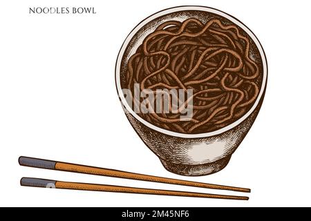 Asian food hand drawn vector illustrations collection. Colored noodles bowl. Stock Vector