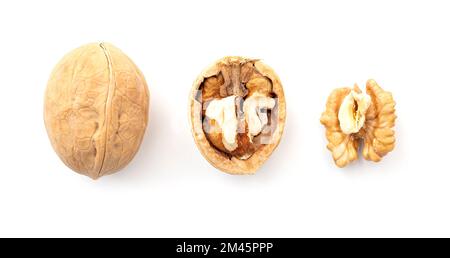 Set of whole walnut and cracked walnut isolated on white, top view Stock Photo