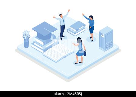 Characters celebrating successfully, diploma certificate, Graduation concept, isometric vector modern illustration Stock Vector
